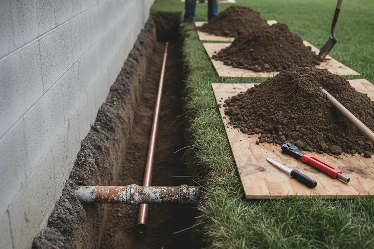 Excavated water line trench during Water Softener Installation in Crystal Lake